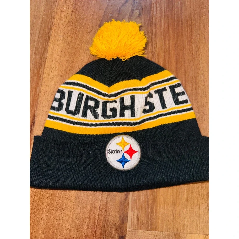 NFL Team Apparel Pittsburgh Steelers Youth Beanie Knit Hat Pom Cuffed Black Gold